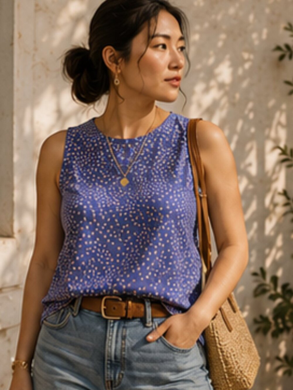 Vintage Silk Polka Dots Blue/Yellow Sleeveless Top 10 European Vibe Due per Due